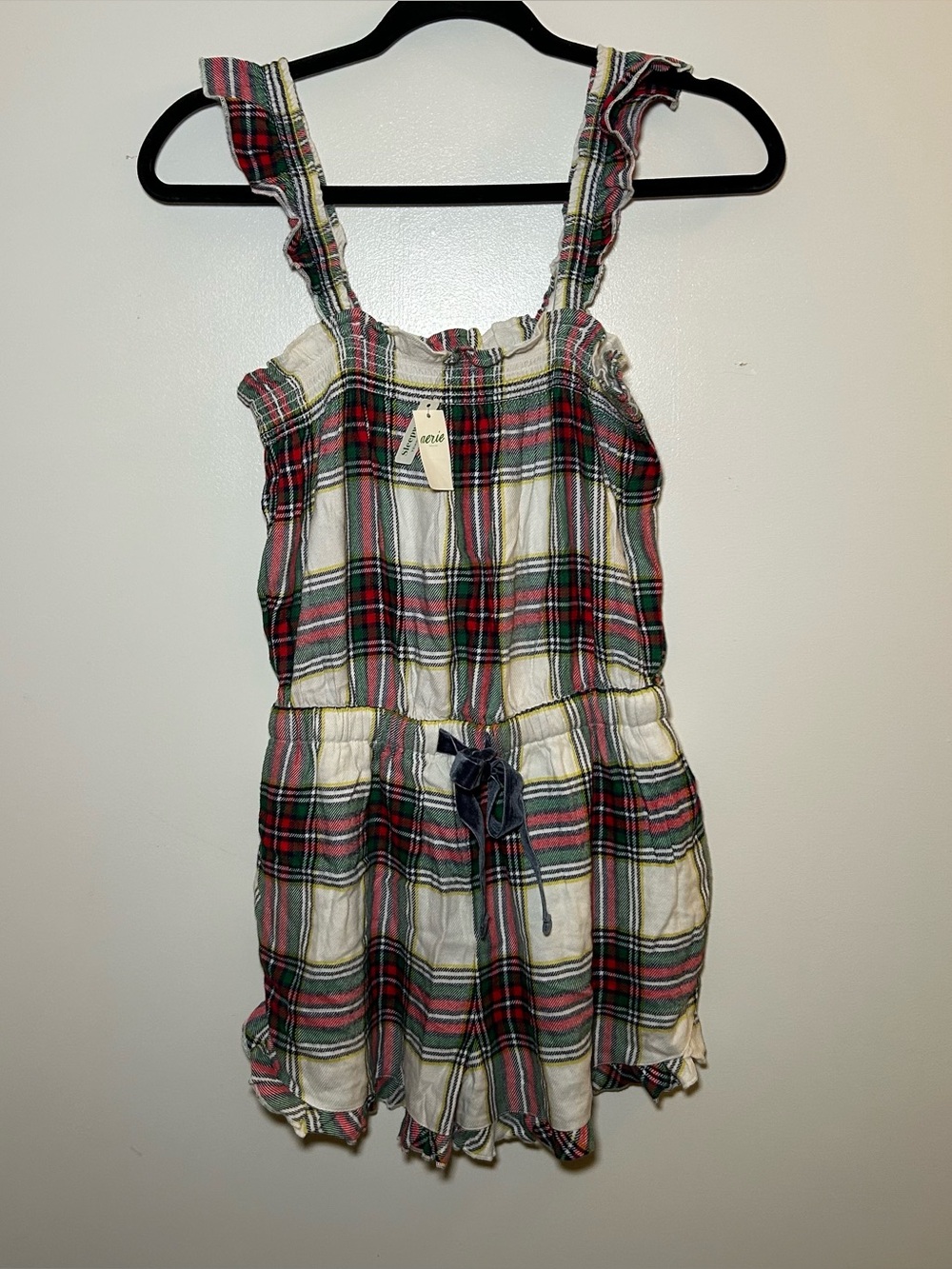 Aerie Red & Green Plaid Flannel Romper Pajamas Ruffled Small NEW Holiday - Picture 1 of 6